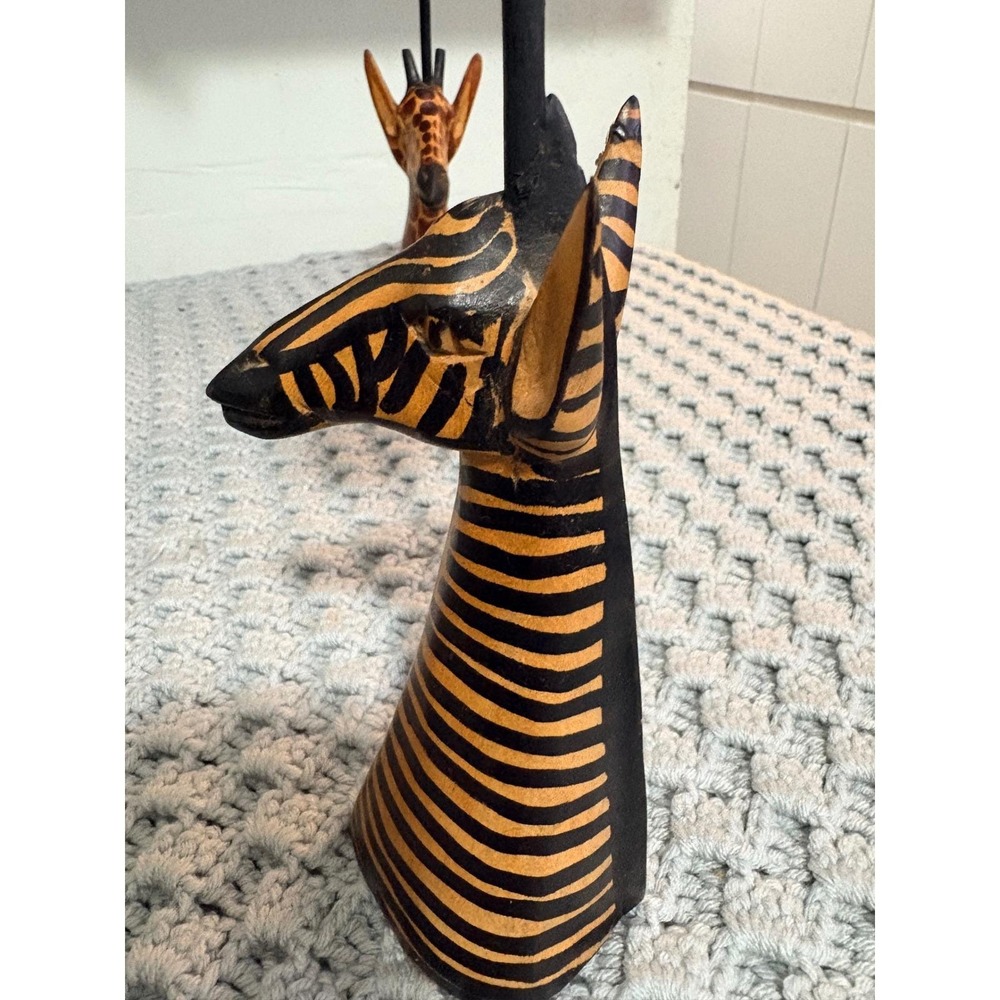 Hand Carved Wood Zebra Giraffe Candle Holder Set Made in Kenya African Folk Art - Picture 4 of 16